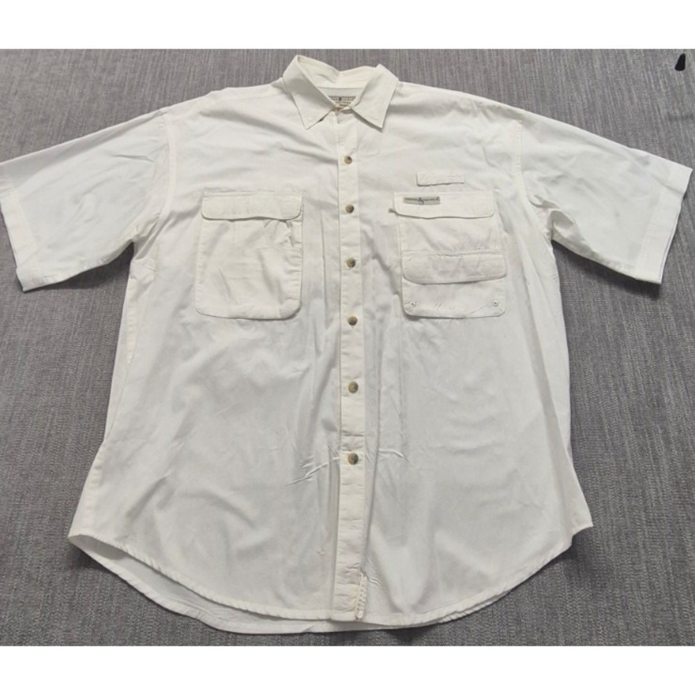 Hook & Tackle men's white outdoor button up short sleeve shirt LG Pockets Cotton